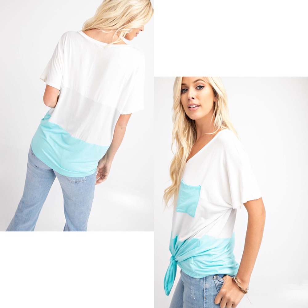 S🅾️LD OUT Color Block V-Neck Front Knot Tee - Picture 3 of 4